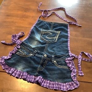 Silver denim apron.